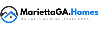 Black and blue logo for MariettaGA.Homes - A Community Real Estate Guide for Marietta, GA