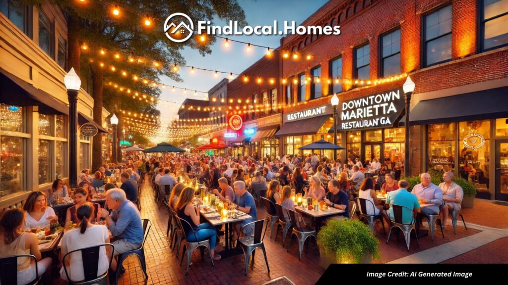 Lively downtown Marietta GA street with popular restaurants and people dining outdoors